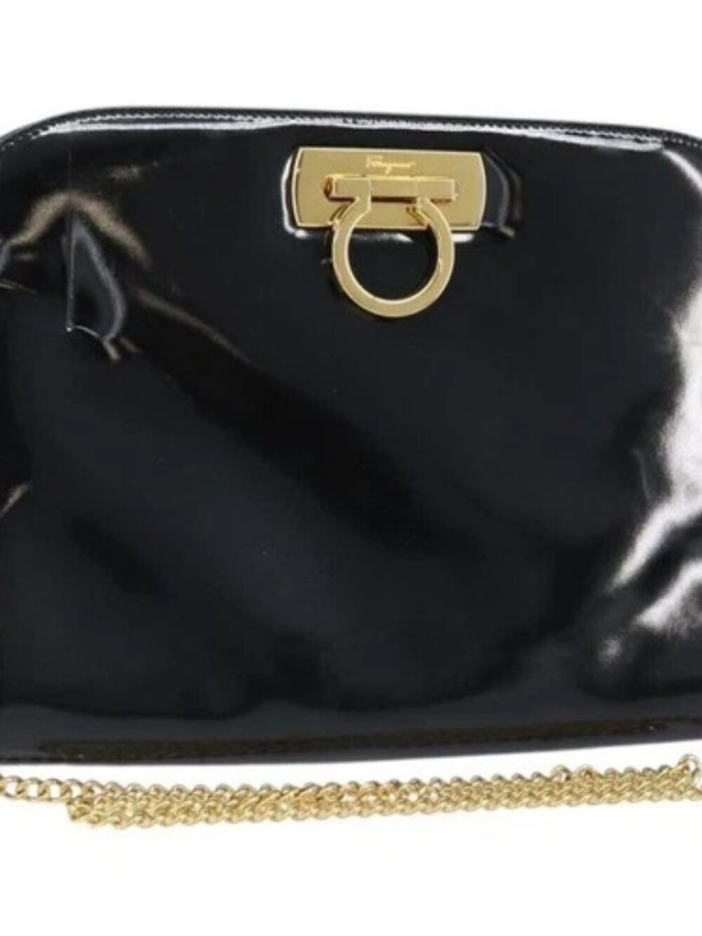 Salvatore Ferragamo Gancini Chain Bag Patent leather Black Gold Auth 166240